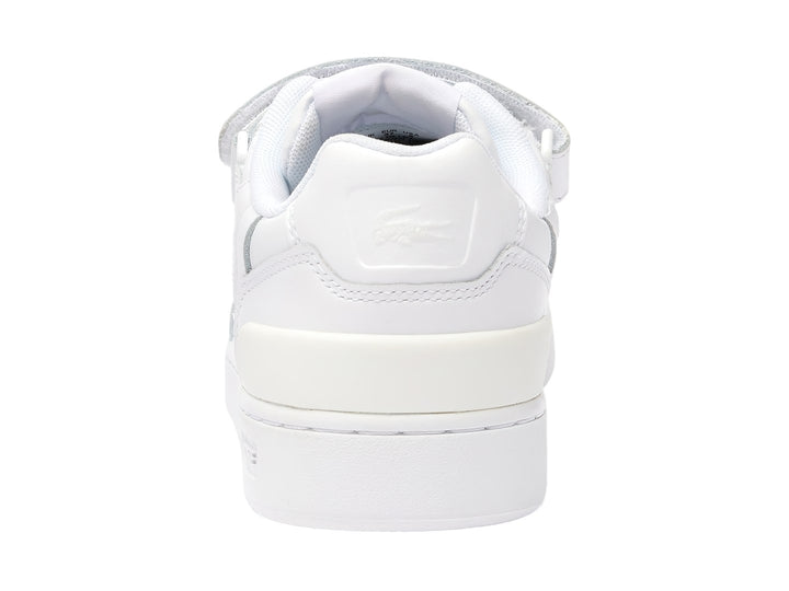 Tenis deportivos Lacoste color blanco con cierre de velcro y agujetas, diseño clásico y limpio.