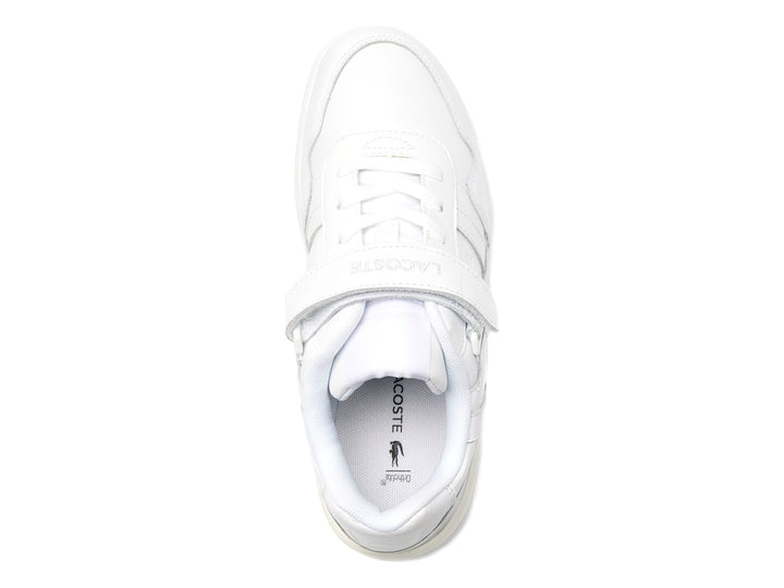Tenis deportivos Lacoste color blanco con cierre de velcro y agujetas, diseño clásico y limpio.