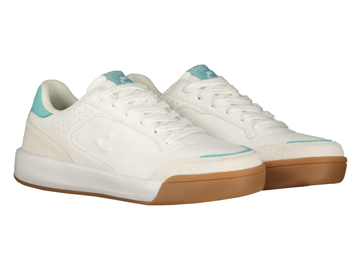 Tenis deportivos Charly color blanco con detalles en aqua y suela color café.