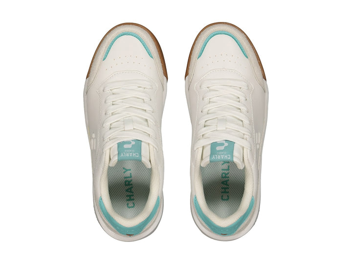 Tenis deportivos Charly color blanco con detalles en aqua y suela color café.