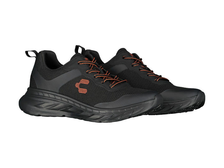 Tenis deportivos Charly color negro con detalles en naranja y suela gruesa amortiguada.