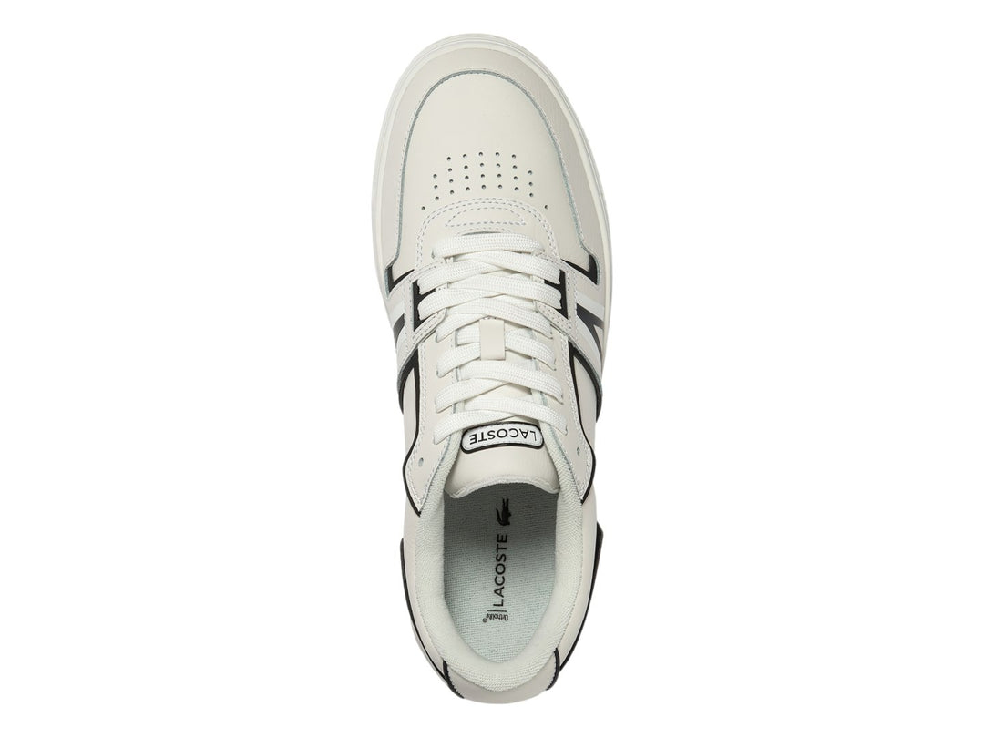 Tenis Lacoste blancos con rayas negras laterales y suela blanca.