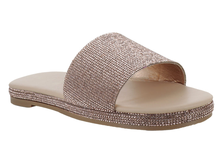 Sandalia beige tipo slide con correa y borde de suela con acabado brillante.