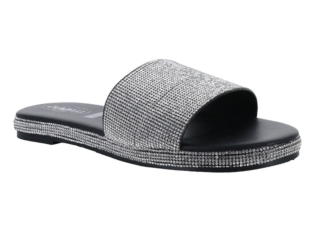 Sandalia negra para mujer con banda superior y borde decorados con brillantes plateados.