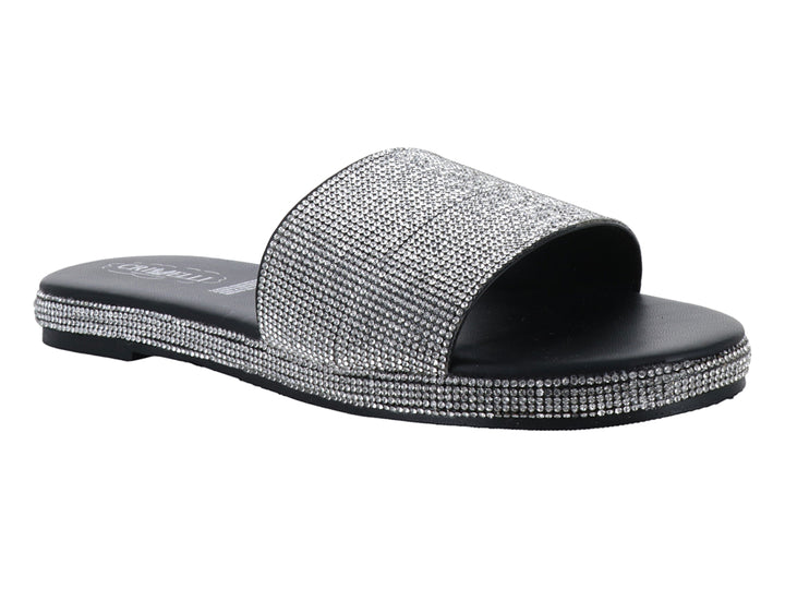 Sandalia negra para mujer con banda superior y borde decorados con brillantes plateados.