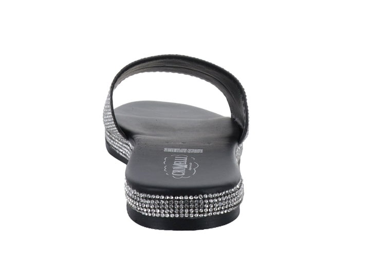 Sandalia negra para mujer con banda superior y borde decorados con brillantes plateados.