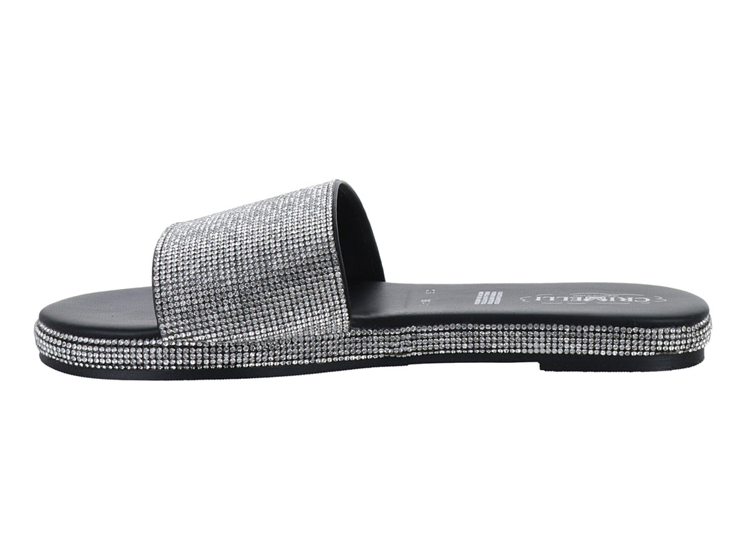 Sandalia negra para mujer con banda superior y borde decorados con brillantes plateados.