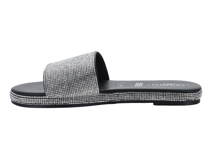 Sandalia negra para mujer con banda superior y borde decorados con brillantes plateados.