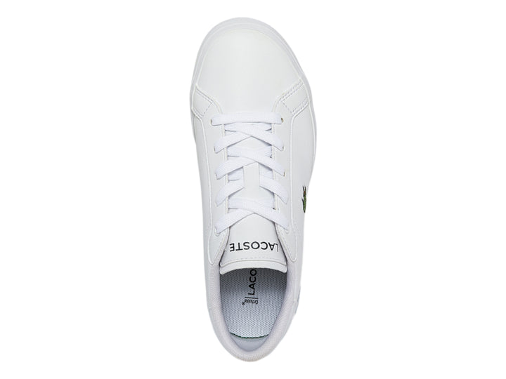 Tenis blancos Lacoste de corte bajo con logotipo del cocodrilo verde en el lateral y suela blanca.