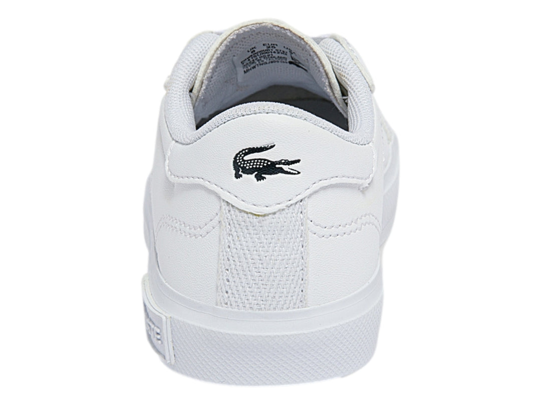 Tenis Lacoste Powercourt color blanco con logotipo de cocodrilo verde en el lateral y suela blanca.