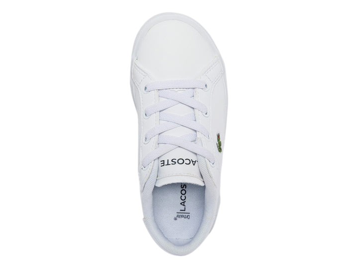Tenis Lacoste Powercourt color blanco con logotipo de cocodrilo verde en el lateral y suela blanca.