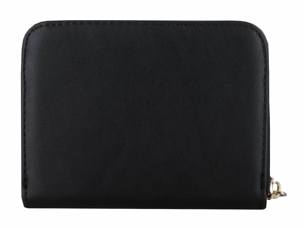 Monedero negro de material sintético con logo circular metálico en la parte superior y cierre lateral.