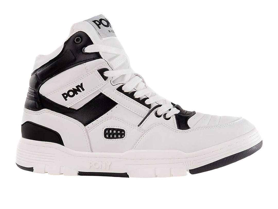 Tenis PONY M-100 HI color blanco con detalles en negro, estilo botín deportivo.