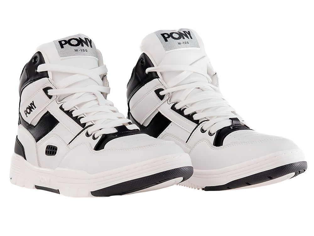 Tenis PONY M-100 HI color blanco con detalles en negro, estilo botín deportivo.