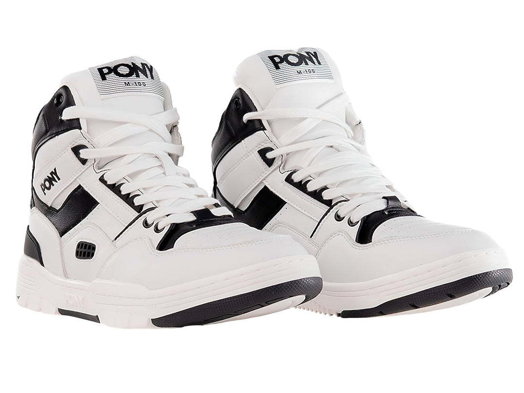 Tenis PONY M-100 HI color blanco con detalles en negro, estilo botín deportivo.
