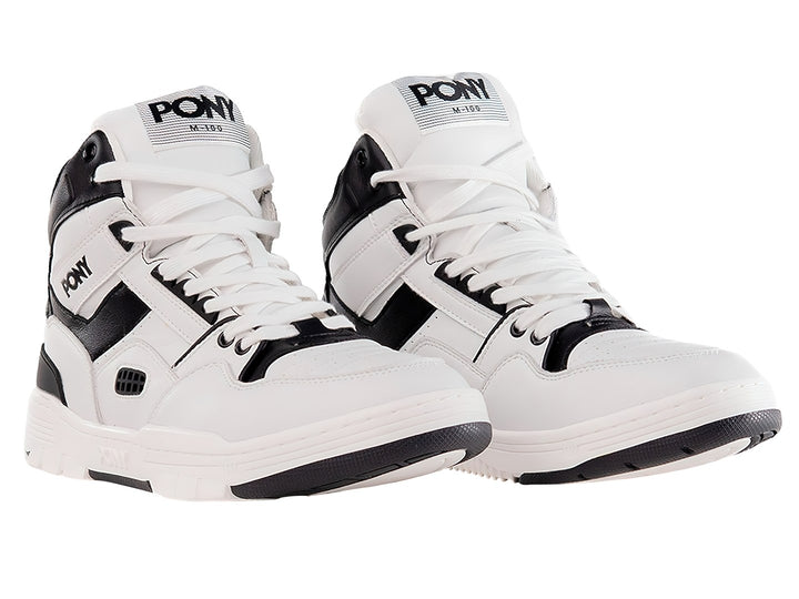 Tenis PONY M-100 HI color blanco con detalles en negro, estilo botín deportivo.