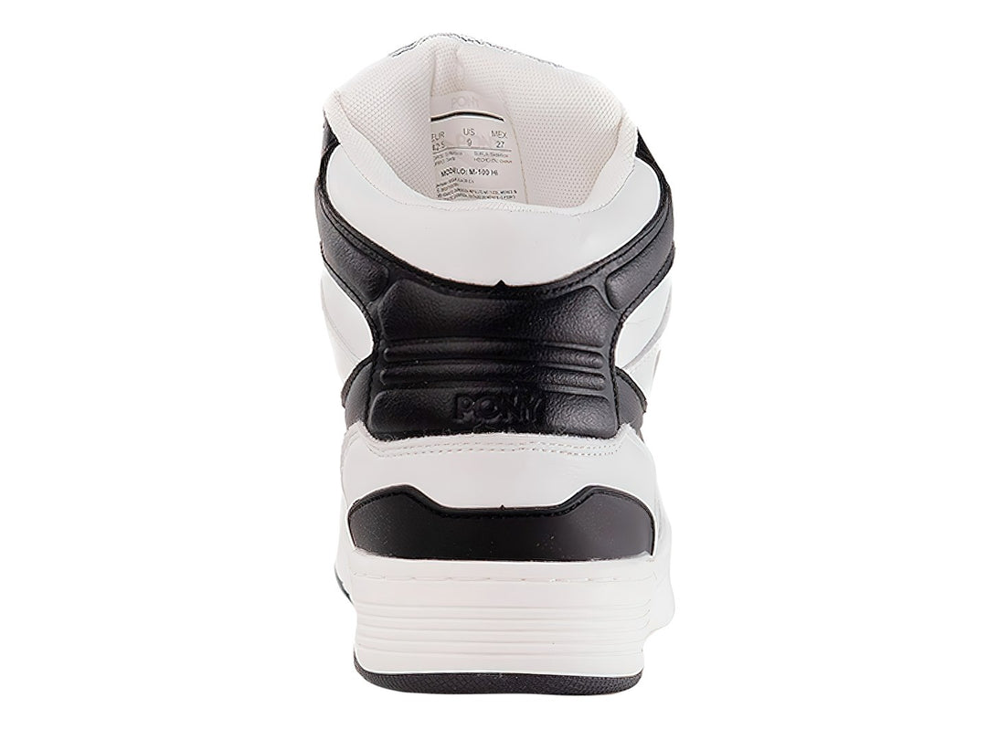 Tenis PONY M-100 HI color blanco con detalles en negro, estilo botín deportivo.