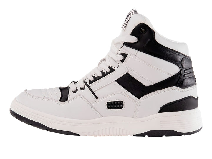 Tenis PONY M-100 HI color blanco con detalles en negro, estilo botín deportivo.
