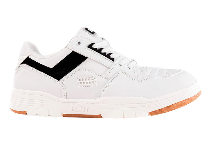 Tenis PONY blancos con franja negra lateral y suela color miel.