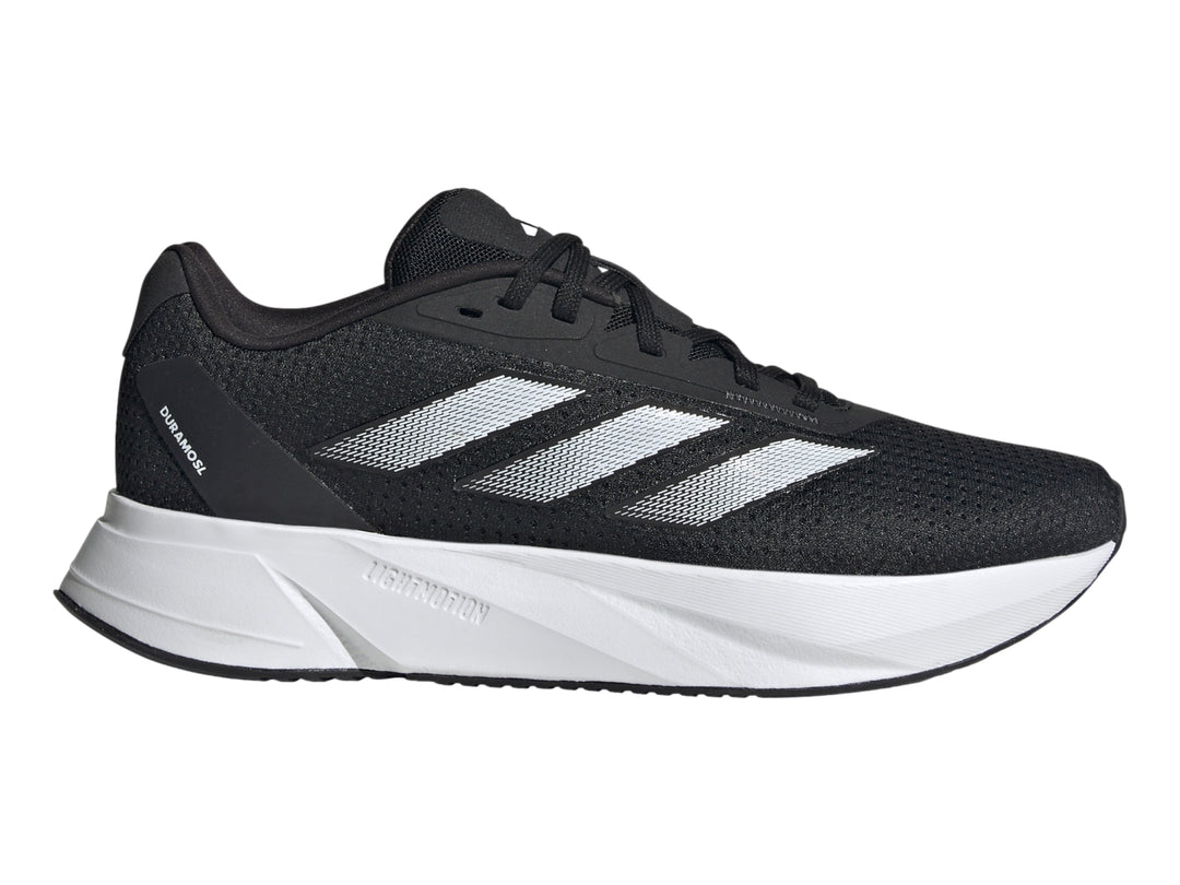 Tenis deportivos Adidas Duramo SL color negro con tres franjas blancas y suela blanca.
