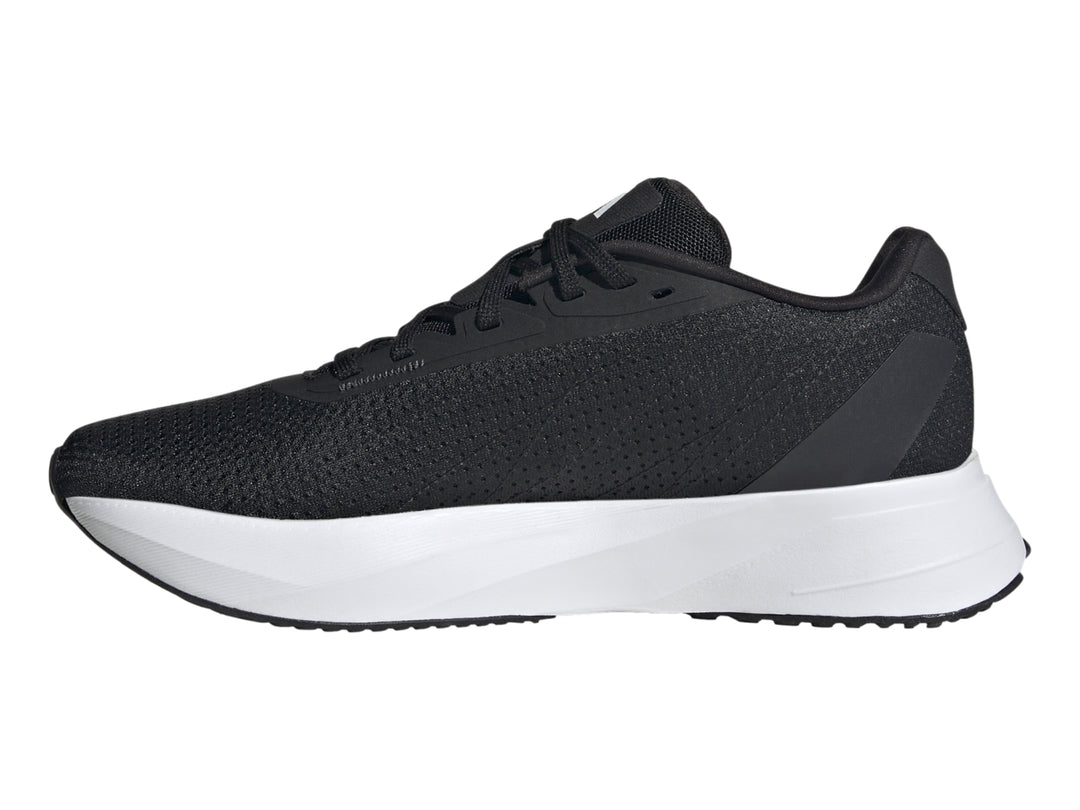 Tenis deportivos Adidas Duramo SL color negro con tres franjas blancas y suela blanca.