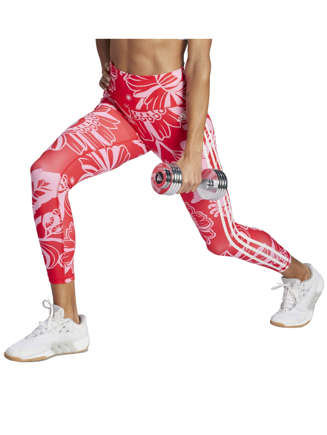 Leggings deportivos Adidas color rojo con estampado floral rosa.