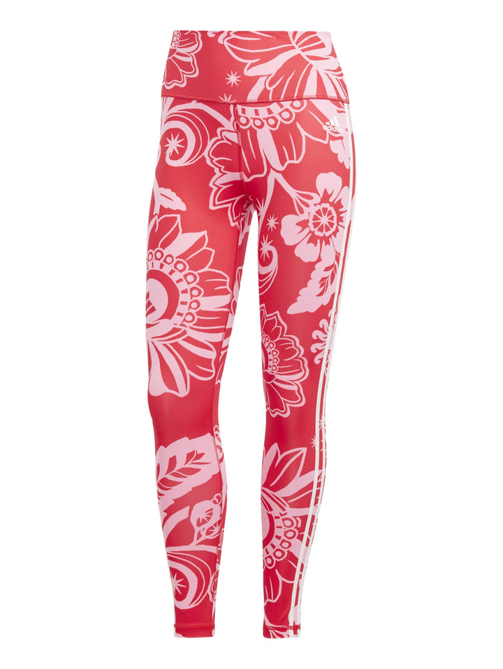 Leggings deportivos Adidas color rojo con estampado floral rosa.