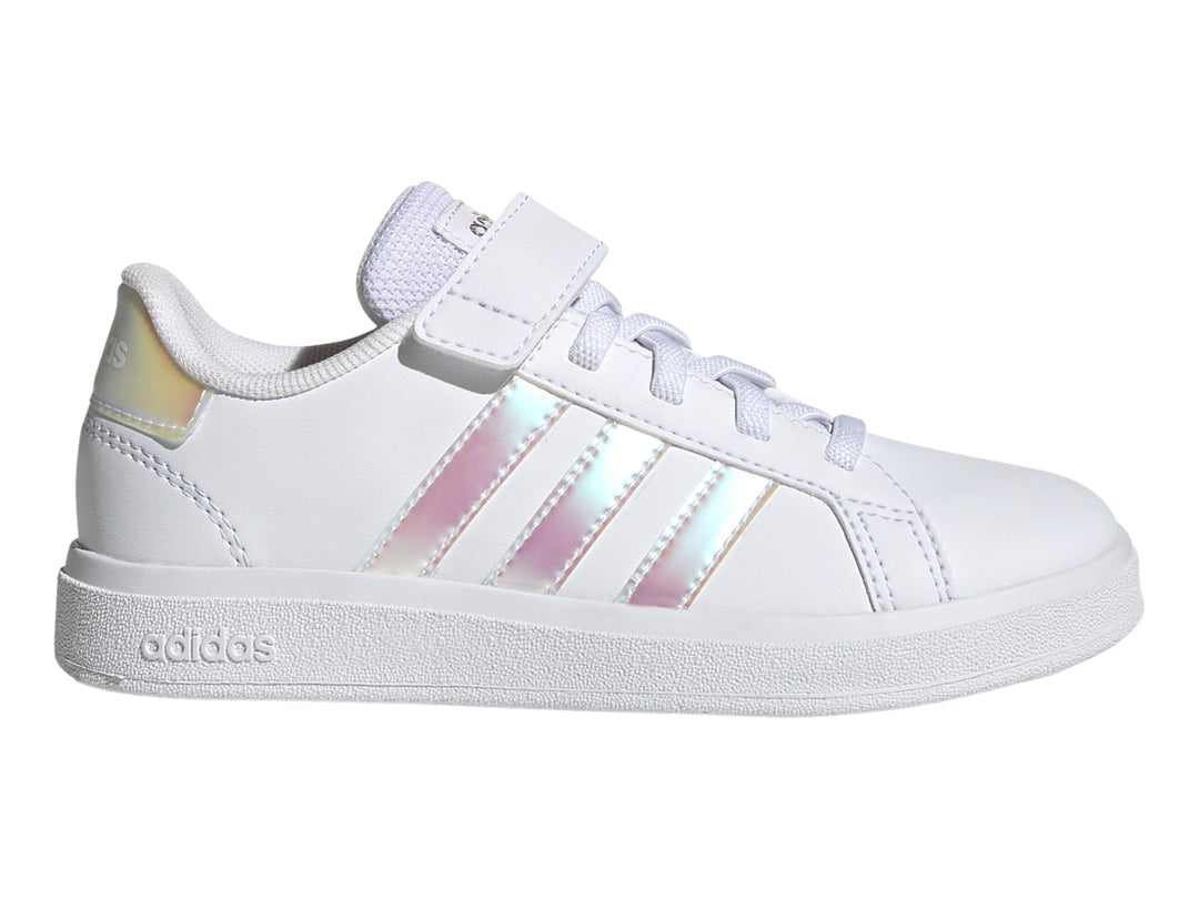 Tenis Adidas blancos con franjas iridiscentes y correa de velcro para Niño.