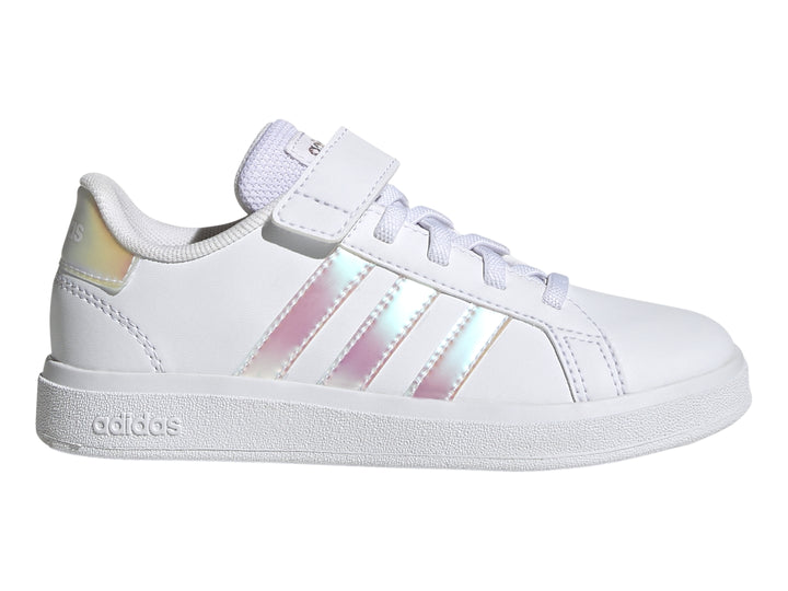 Tenis Adidas blancos con franjas iridiscentes y correa de velcro para Niño.