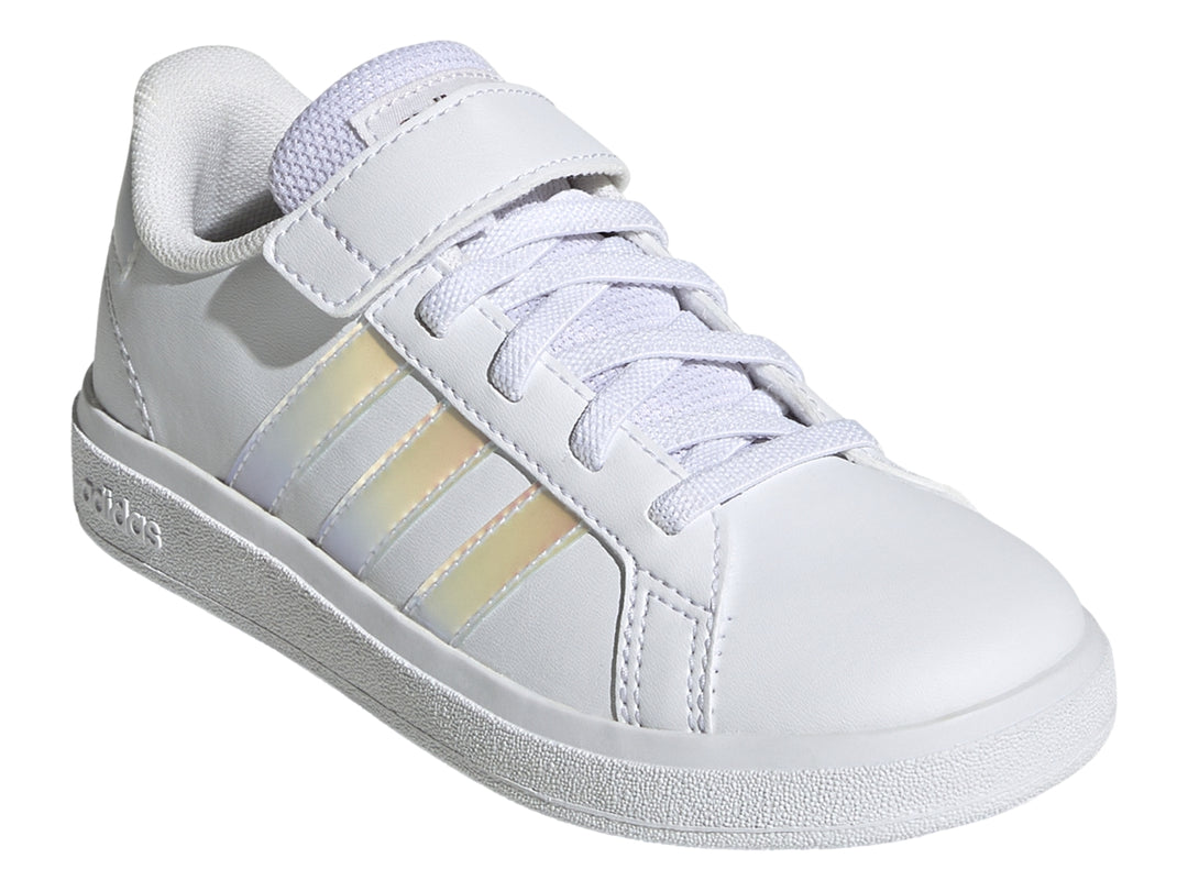 Tenis Adidas blancos con franjas iridiscentes y correa de velcro para Niño.
