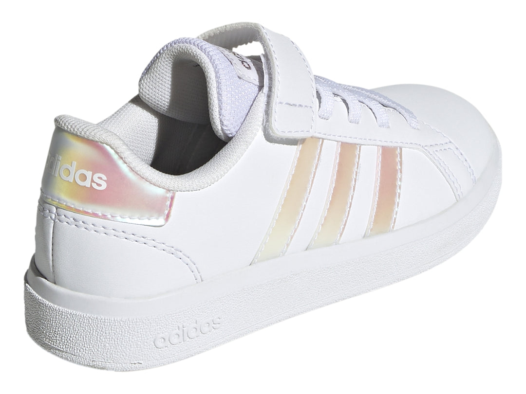 Tenis Adidas blancos con franjas iridiscentes y correa de velcro para Niño.