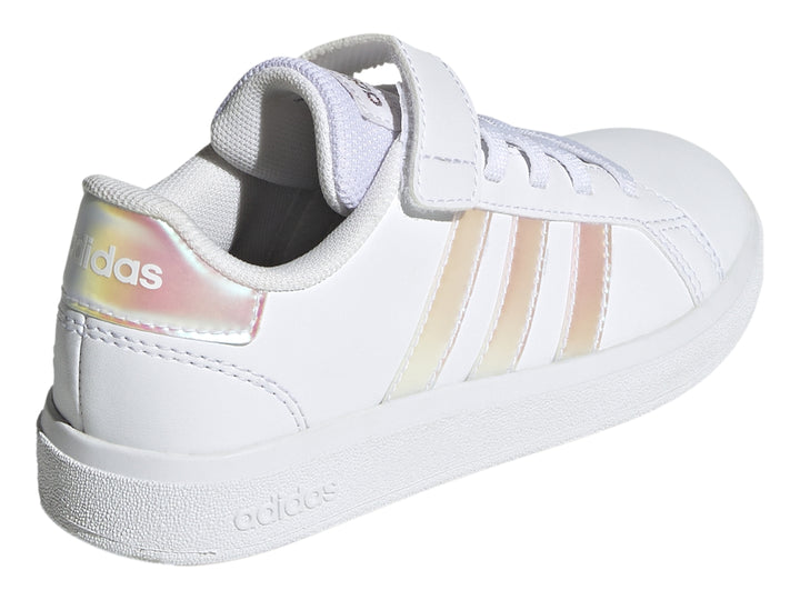 Tenis Adidas blancos con franjas iridiscentes y correa de velcro para Niño.
