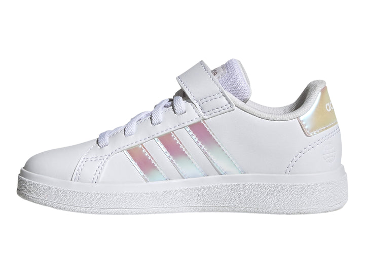 Tenis Adidas blancos con franjas iridiscentes y correa de velcro para Niño.
