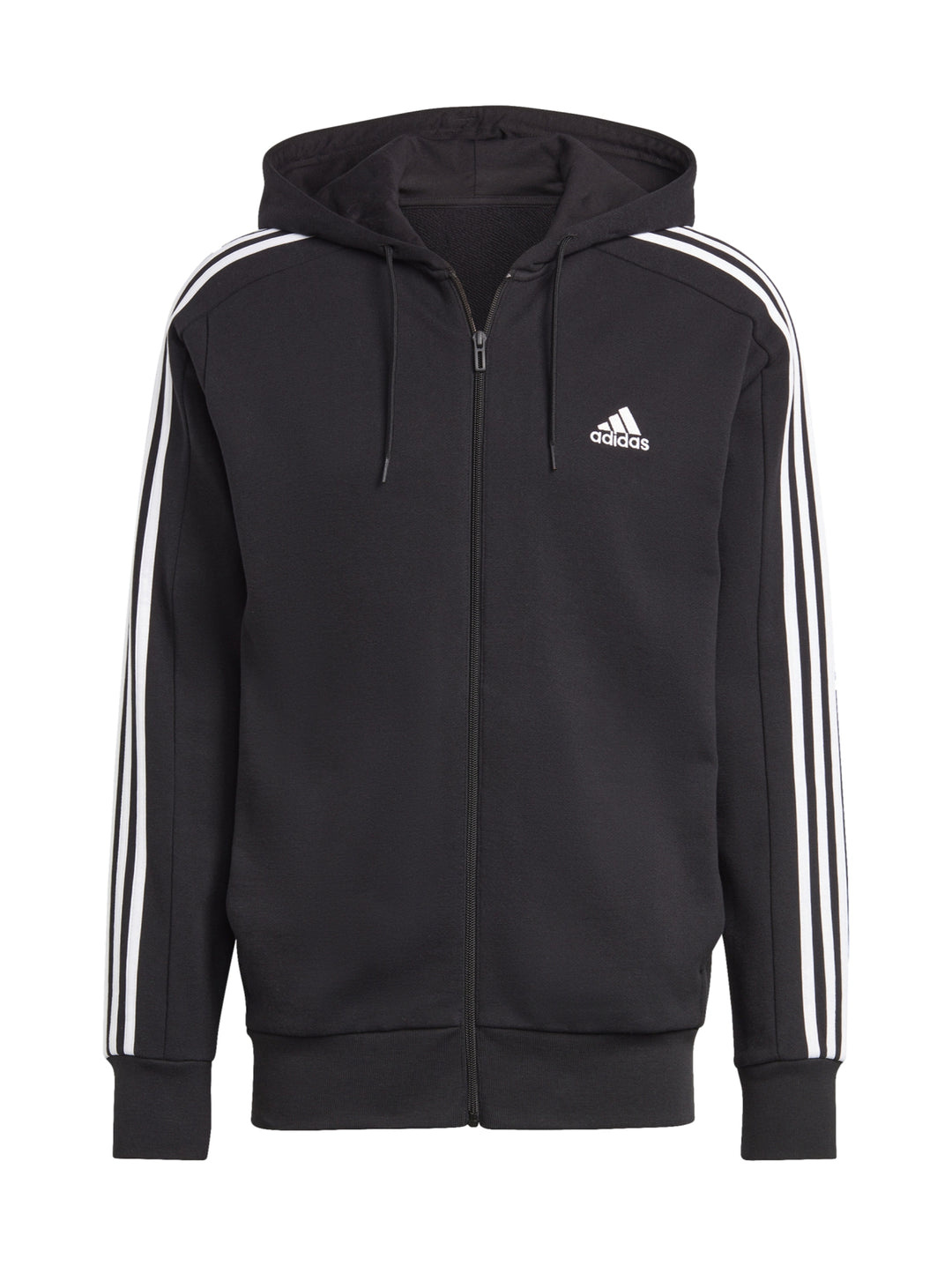 Hombre vistiendo sudadera deportiva Adidas color negro con rayas blancas en las mangas y capucha.