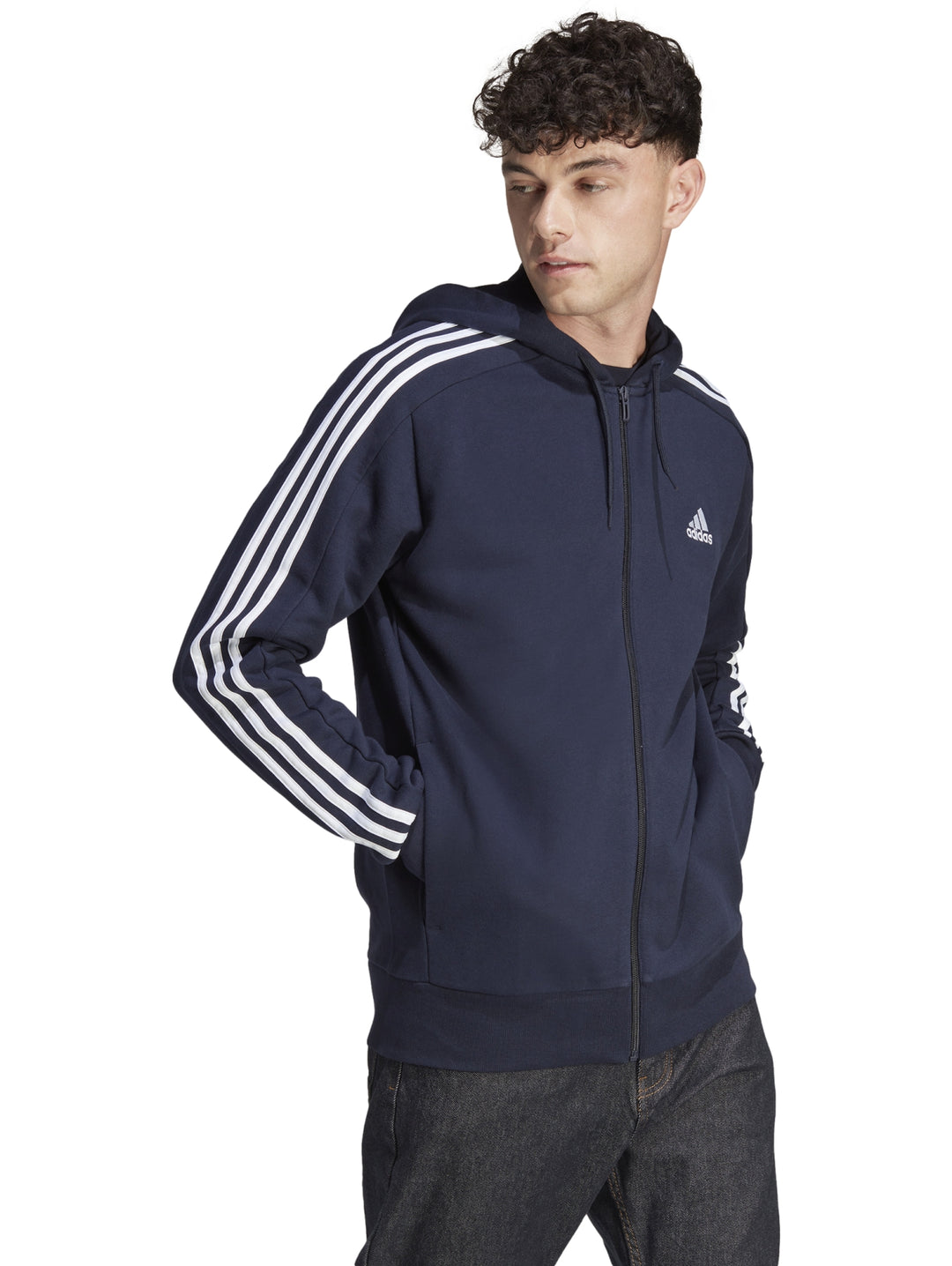 Sudadera Adidas color azul marino con capucha, cierre frontal y tres franjas blancas en las mangas.