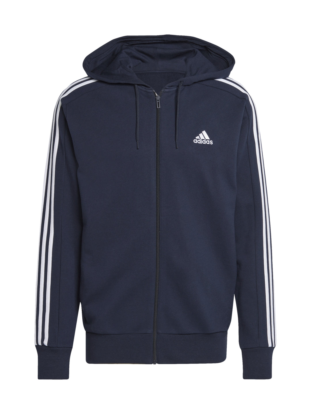 Sudadera Adidas color azul marino con capucha, cierre frontal y tres franjas blancas en las mangas.