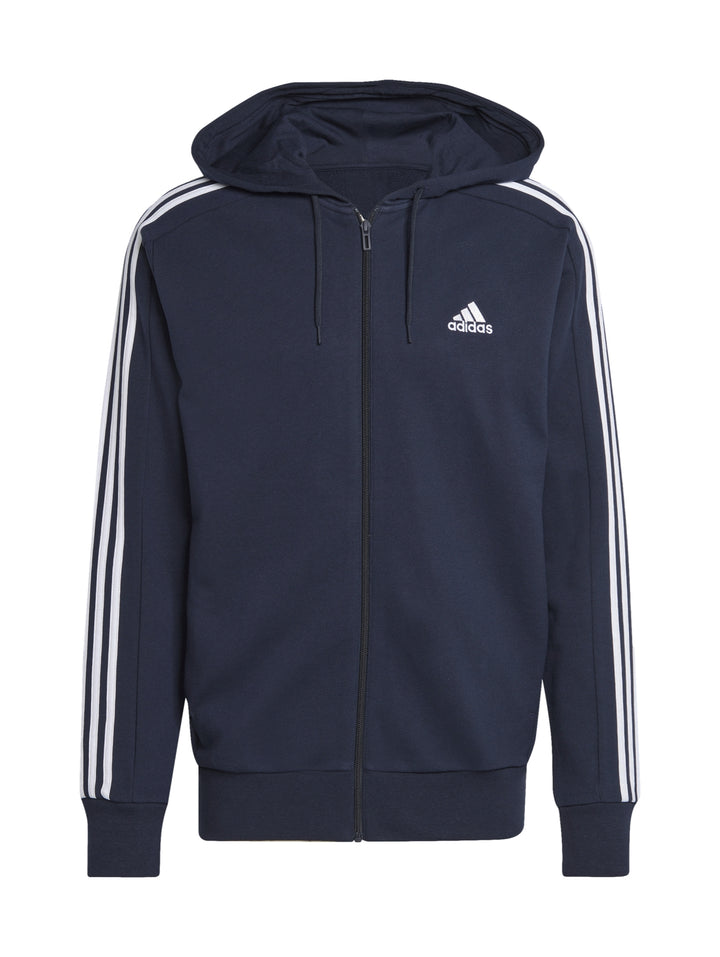 Sudadera Adidas color azul marino con capucha, cierre frontal y tres franjas blancas en las mangas.