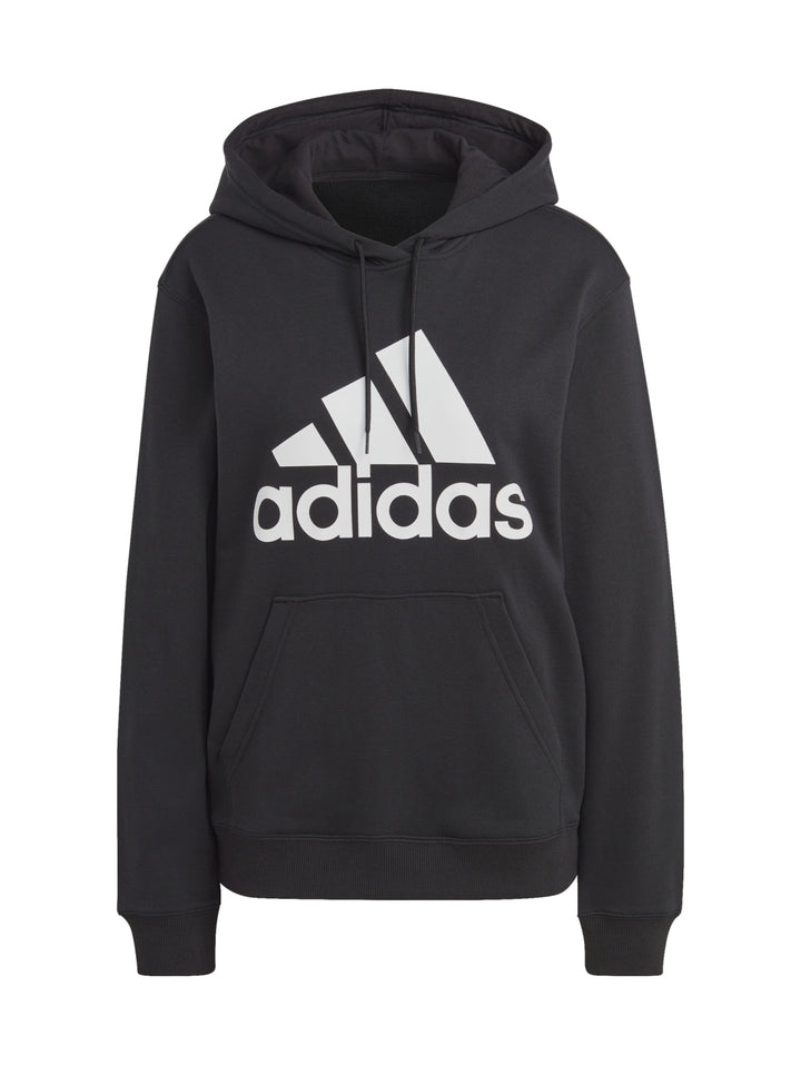 Sudadera con capucha color negro de la marca Adidas con logotipo blanco grande en el pecho.