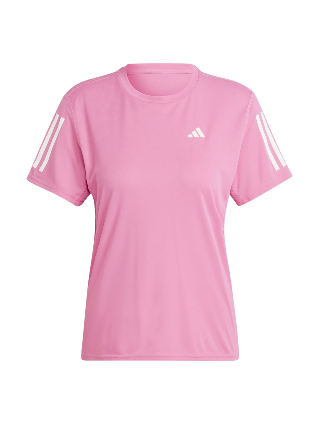 Camiseta deportiva Adidas color rosa fusión con detalles blancos en los hombros.