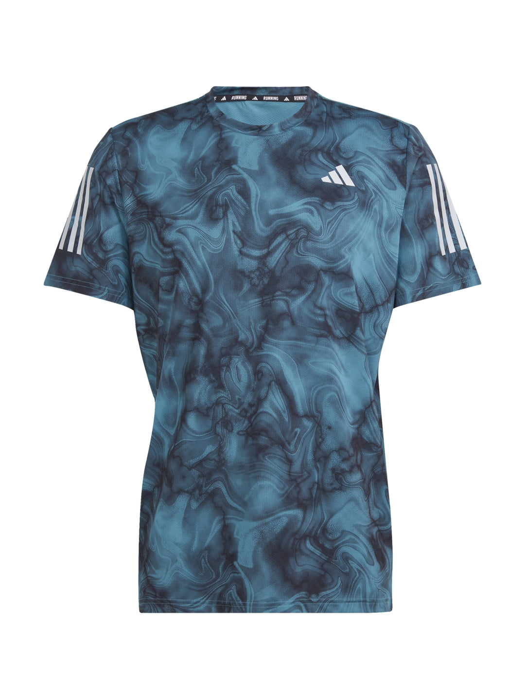 Camiseta deportiva Adidas con estampado marmoleado en tonos azul y negro.