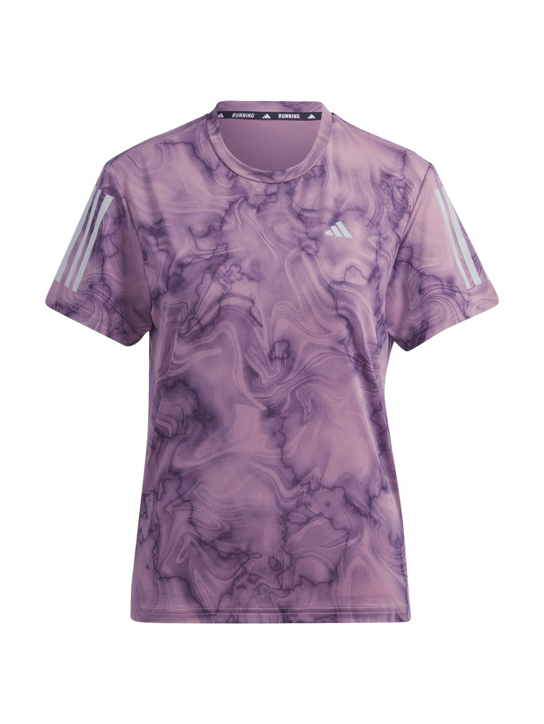 Camiseta deportiva Adidas color morado con estampado abstracto tipo mármol y mangas cortas.