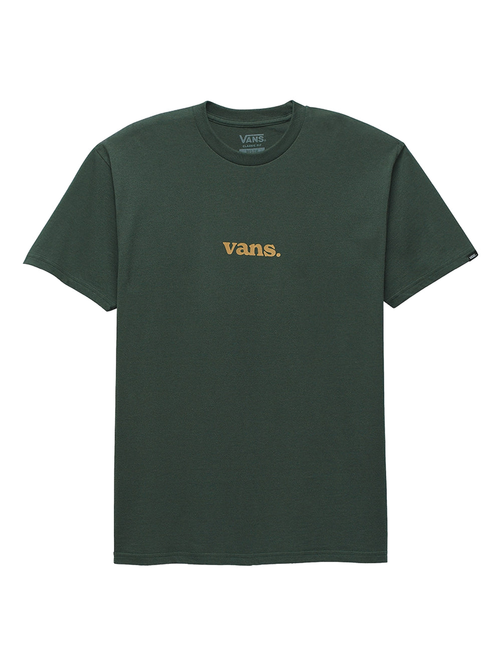 Hombre vistiendo una camiseta de manga corta color verde oscuro con el logo de Vans en el pecho.