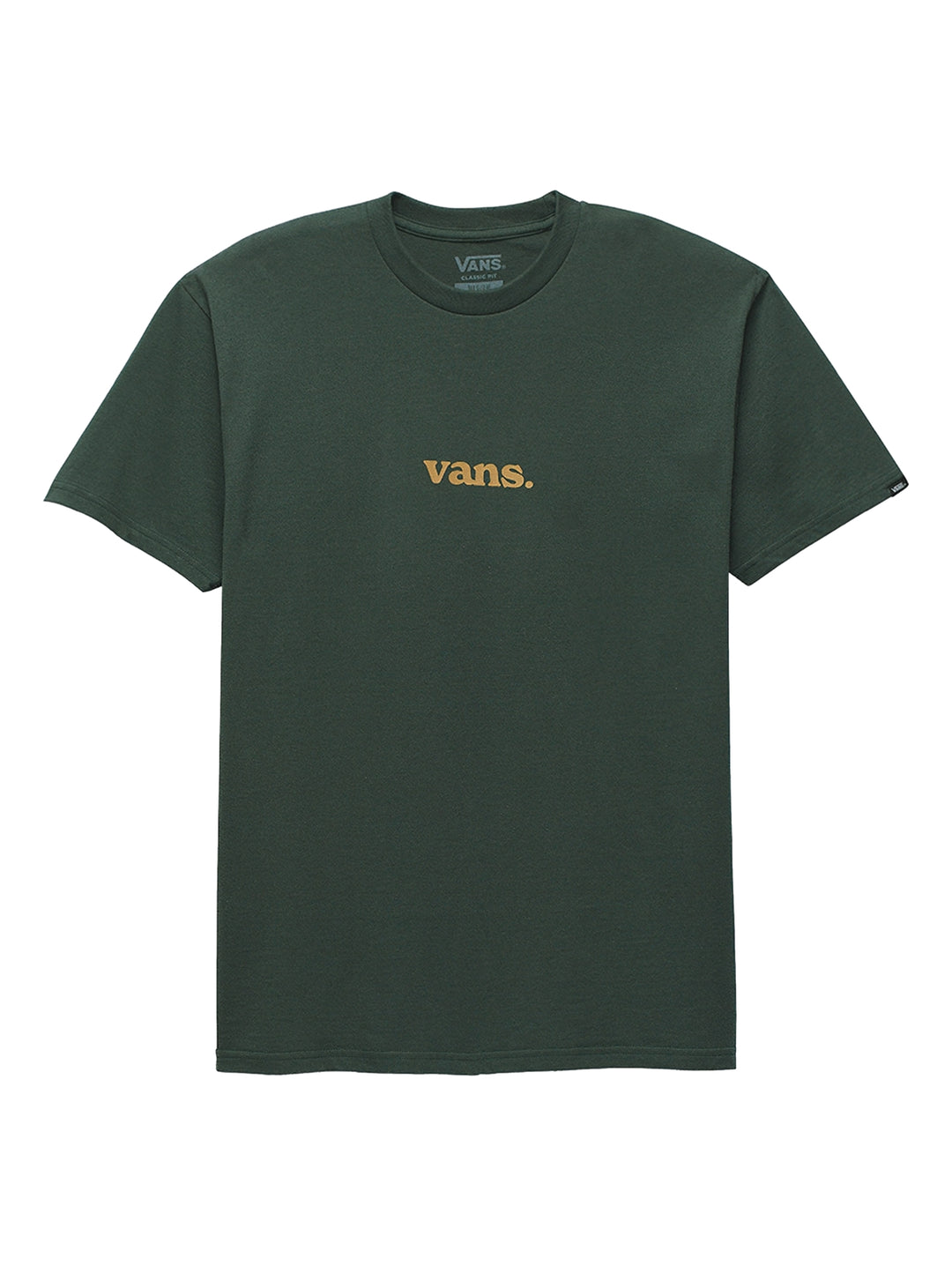 Hombre vistiendo una camiseta de manga corta color verde oscuro con el logo de Vans en el pecho.