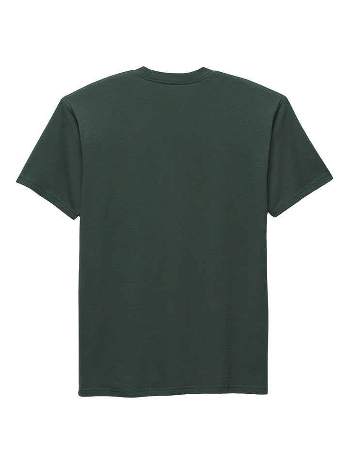Hombre vistiendo una camiseta de manga corta color verde oscuro con el logo de Vans en el pecho.