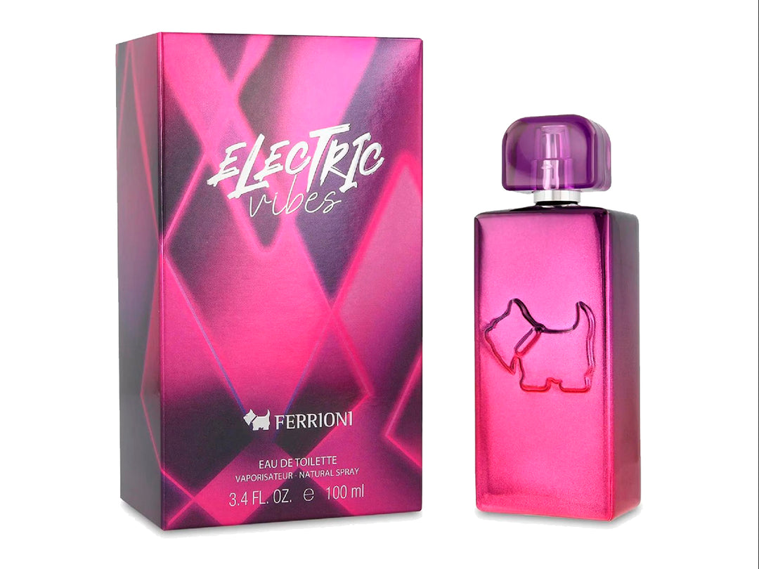 Perfume Ferrioni Electric Vibes para mujer en botella y caja de color rosa brillante con detalles morados.