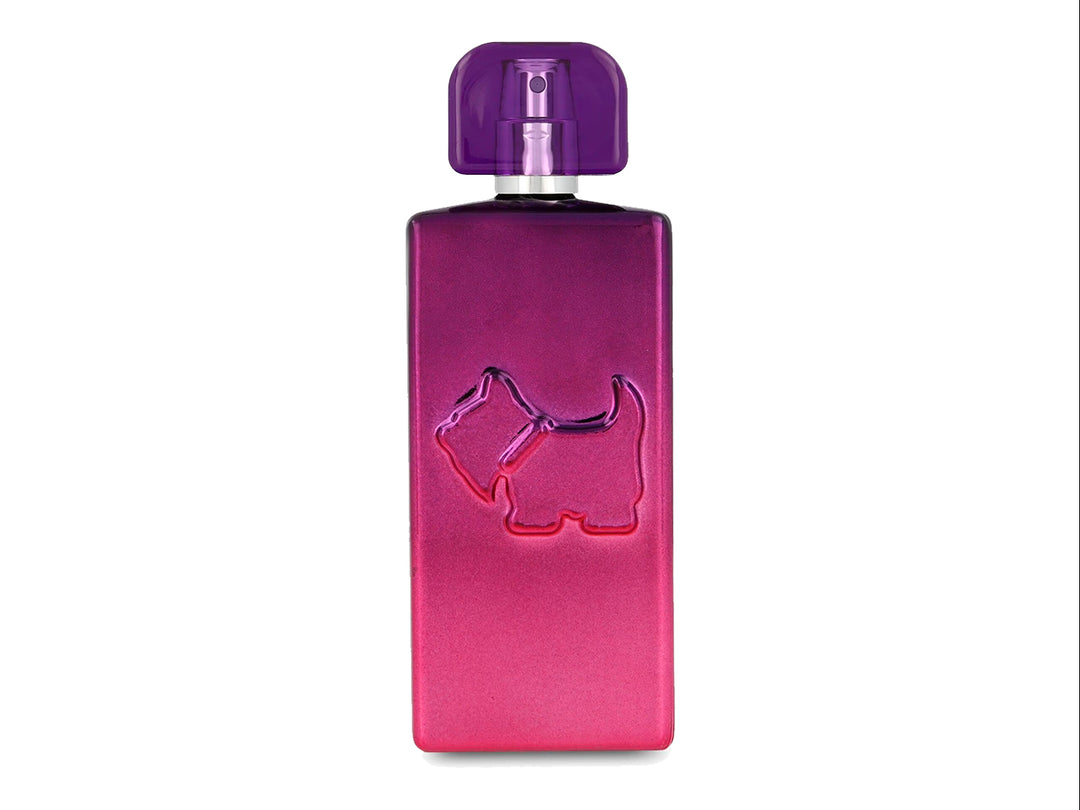 Perfume Ferrioni Electric Vibes para mujer en botella y caja de color rosa brillante con detalles morados.