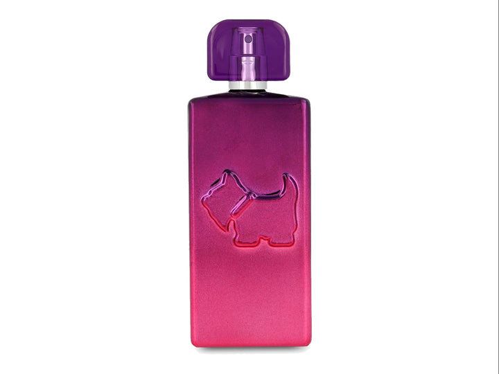 Perfume Ferrioni Electric Vibes para mujer en botella y caja de color rosa brillante con detalles morados.
