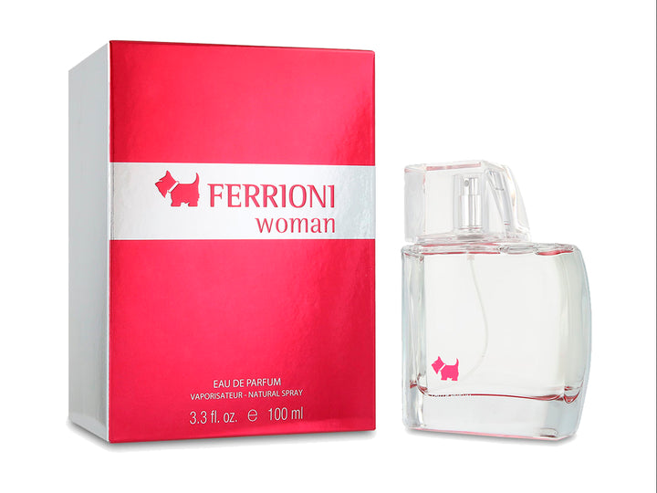 Perfume Ferrioni Woman en botella de vidrio transparente con su caja de color rosa y blanco.