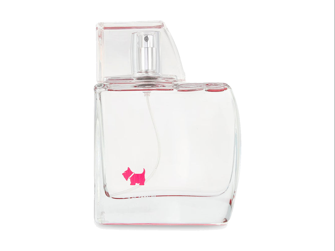 Perfume Ferrioni Woman en botella de vidrio transparente con su caja de color rosa y blanco.