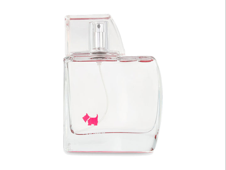 Perfume Ferrioni Woman en botella de vidrio transparente con su caja de color rosa y blanco.